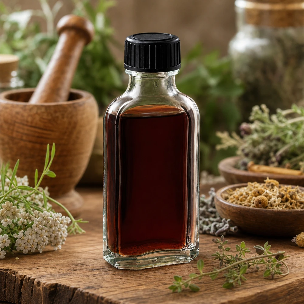 50 ml Przezroczysta zakrętka Meplat z dyskiem uszczelniającym LKD Płaska szklana buteleczka Meplat o pojemności 50 ml z czarną zakrętką, umieszczona pomiędzy świeżymi ziołami a drewnianym moździerzem
