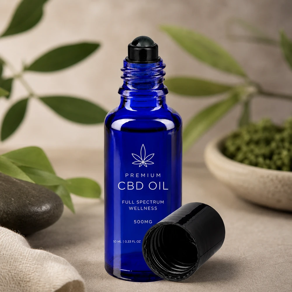 Kobaltowo-niebieska buteleczka typu roll-on o pojemności 10 ml, wykonana ze szkła aptecznego, z czarną kulką do nakładania olejku CBD