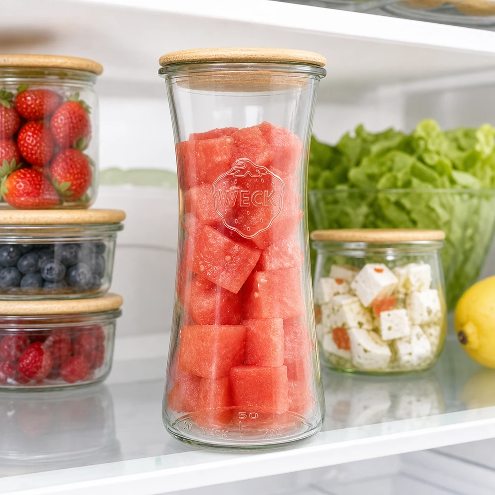 Słoik do przechowywania WECK 700 ml RR80 wypełniony arbuzem w lodówce między świeżymi jagodami i sałatką