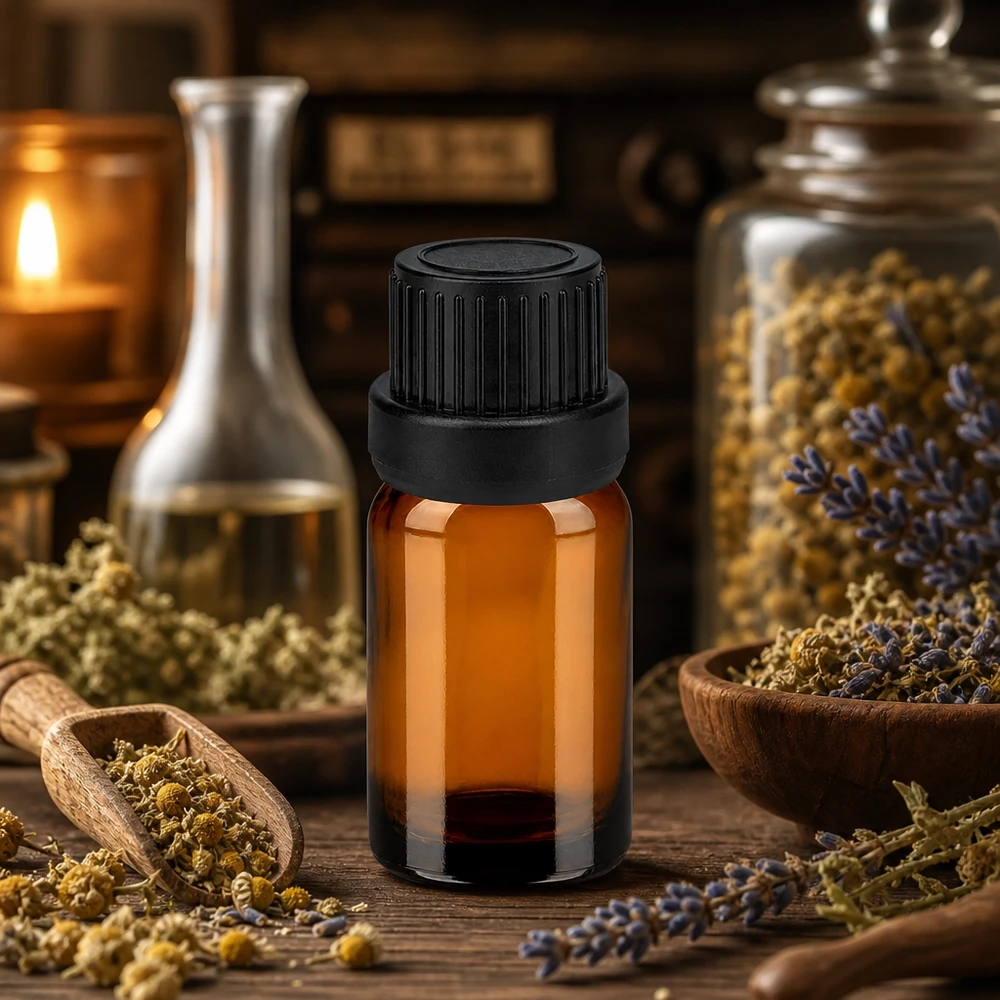 Wysokiej jakości bursztynowa szklana butelka 5 ml z ochroną UV i czarną zakrętką do kosmetyków naturalnych
