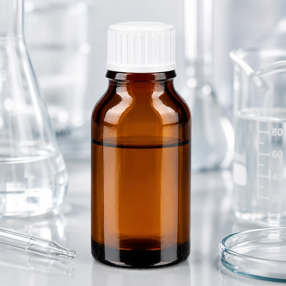 Brązowa buteleczka apteczna o pojemności 15 ml z białym zamknięciem zabezpieczającym przed dziećmi w środowisku laboratoryjnym