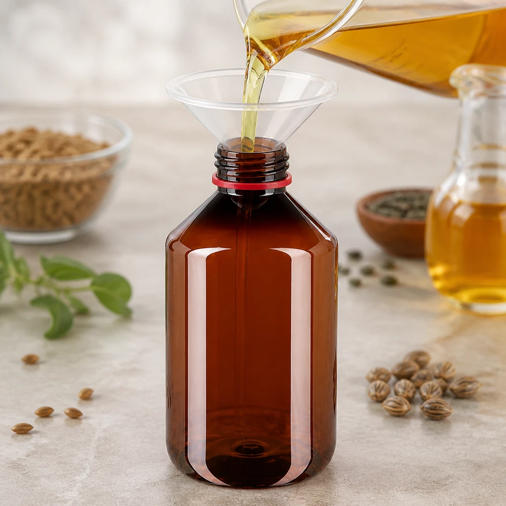 Butelka PET o pojemności 500 ml w kolorze bursztynowym z lejkiem podczas napełniania złotym olejem roślinnym