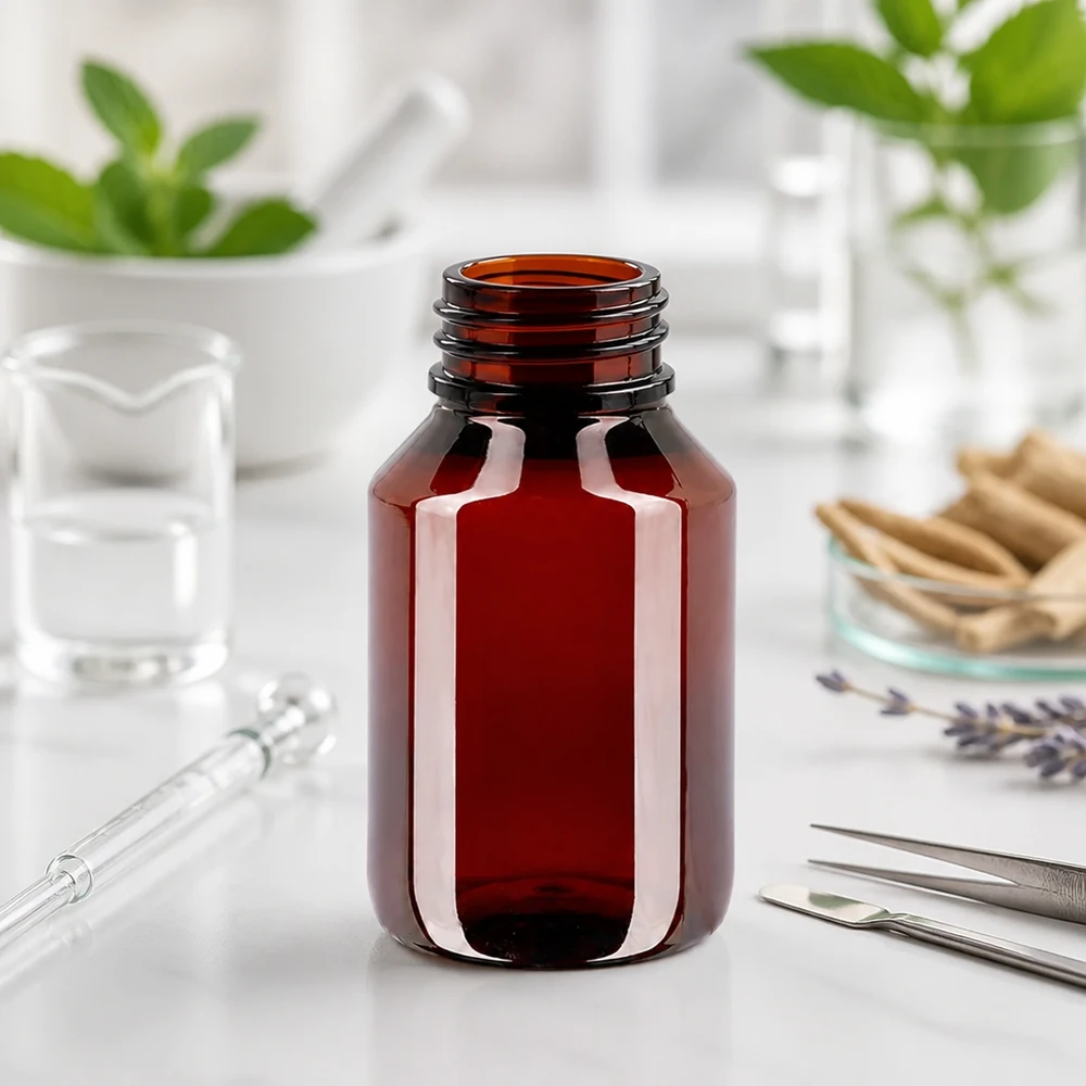 Brązowa butelka PET o pojemności 50 ml z gwintem zakręcanym, przeznaczona do zastosowań farmaceutycznych w dziedzinie medycyny naturalnej