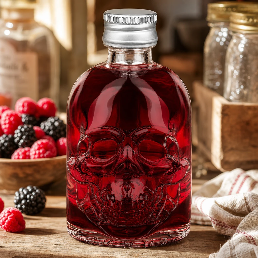 Szklana butelka Hector o pojemności 50 ml z likierem z czerwonych jagód wypełnionym malinami i jeżynami w rustykalnej kuchni