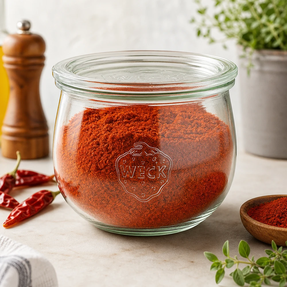 Słoik tulipan o pojemności 580 ml ze szklaną pokrywką WECK RR100 WECK Tulpenglas 580ml RR100 mit rotem Paprikapulver gefüllt als stilvolle Gewürz-Aufbewahrung in der Küche