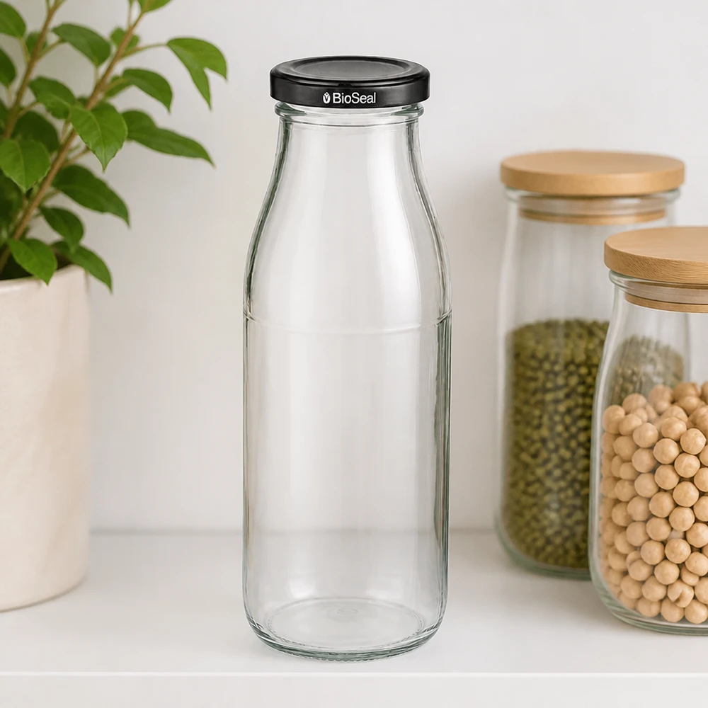 Szklana butelka 500 ml + pokrywka BioSeal czarna UNiTWIST. Całkowicie szczelna z dużą pokrywką TO48. Do mleka, soków i lemoniady. 500 ml szklana butelka z czarną pokrywką BioSeal w kuchni obok słoików z roślinami strączkowymi i roślinami.
