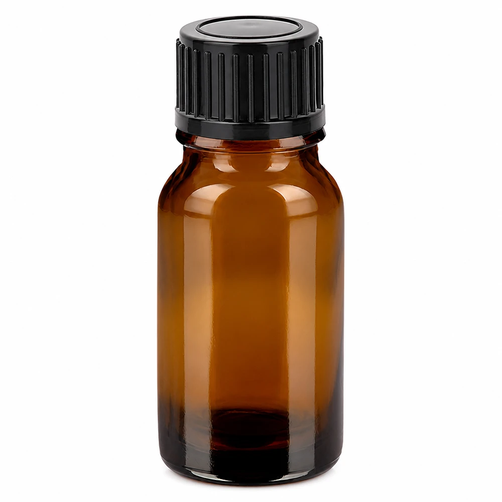 Butelka 10 ml, 11 mm, SV, czarna STD BrownLine UT18/10 Butelka z bursztynowego szkła o pojemności 10 ml z czarną zakrętką do olejków eterycznych i kosmetyków