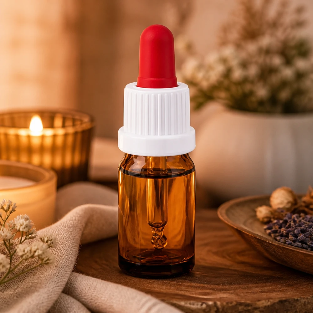 Butelka do leków płynnych 5 ml biała/czerwona OV BrownLine UT18/5 Wysokiej jakości butelka z pipetą o pojemności 5 ml wykonana z bursztynowego szkła chroniącego przed promieniowaniem UV z ergonomiczną nasadką z zakraplaczem
