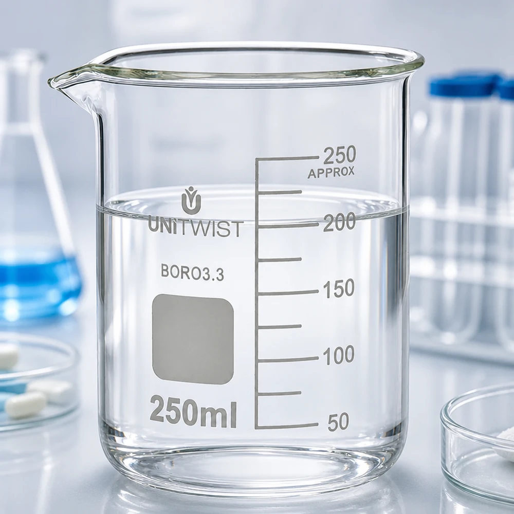 Szklanka o pojemności 250 ml, o niskim profilu, napełniona czystą wodą do oznaczenia 200 ml w laboratorium