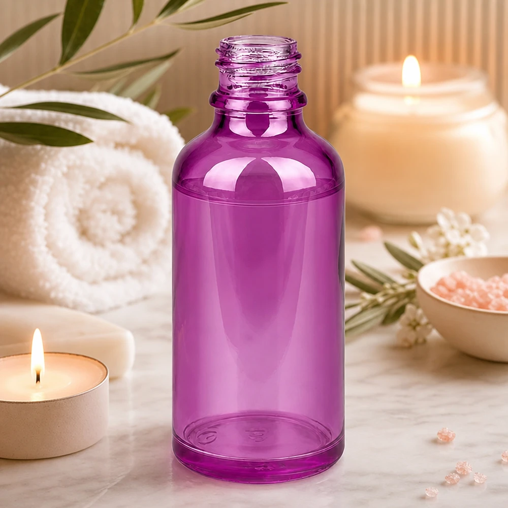 Wysokiej jakości szklana butelka PurpleLine UT18/50 o pojemności 50 ml w kolorze promiennego fioletu do spa i wellness