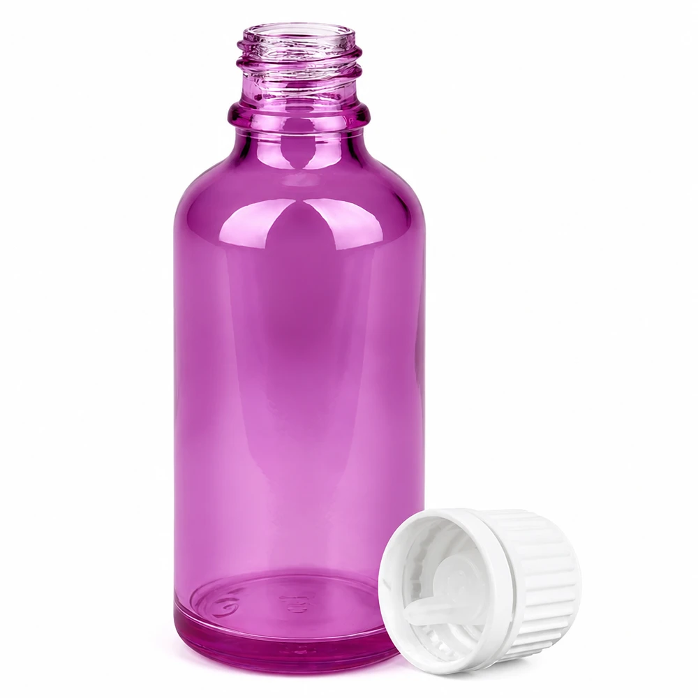 Fioletowa szklana butelka o pojemności 50 ml z zakraplaczem 0,7 mm i białą zakrętką do olejków eterycznych