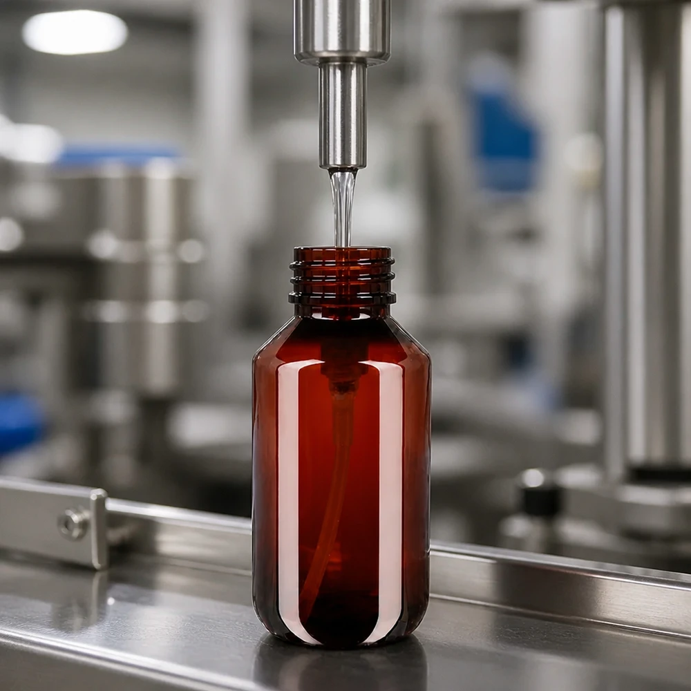 Butelka PET 200ml z pompką dozującą biała Lichtschutzflasche 200ml aus PET-Kunststoff beim industriellen Abfüllvorgang mit Edelstahlanlage