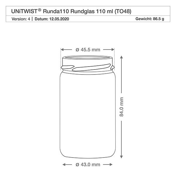 UNiTWIST Runda110 - Okrągły słoik o pojemności 110ml TO48 Rysunek techniczny UNiTWIST Runda110 okrągła szklanka 110ml TO48 o wymiarach 45,5mm średnicy i 84mm wysokości