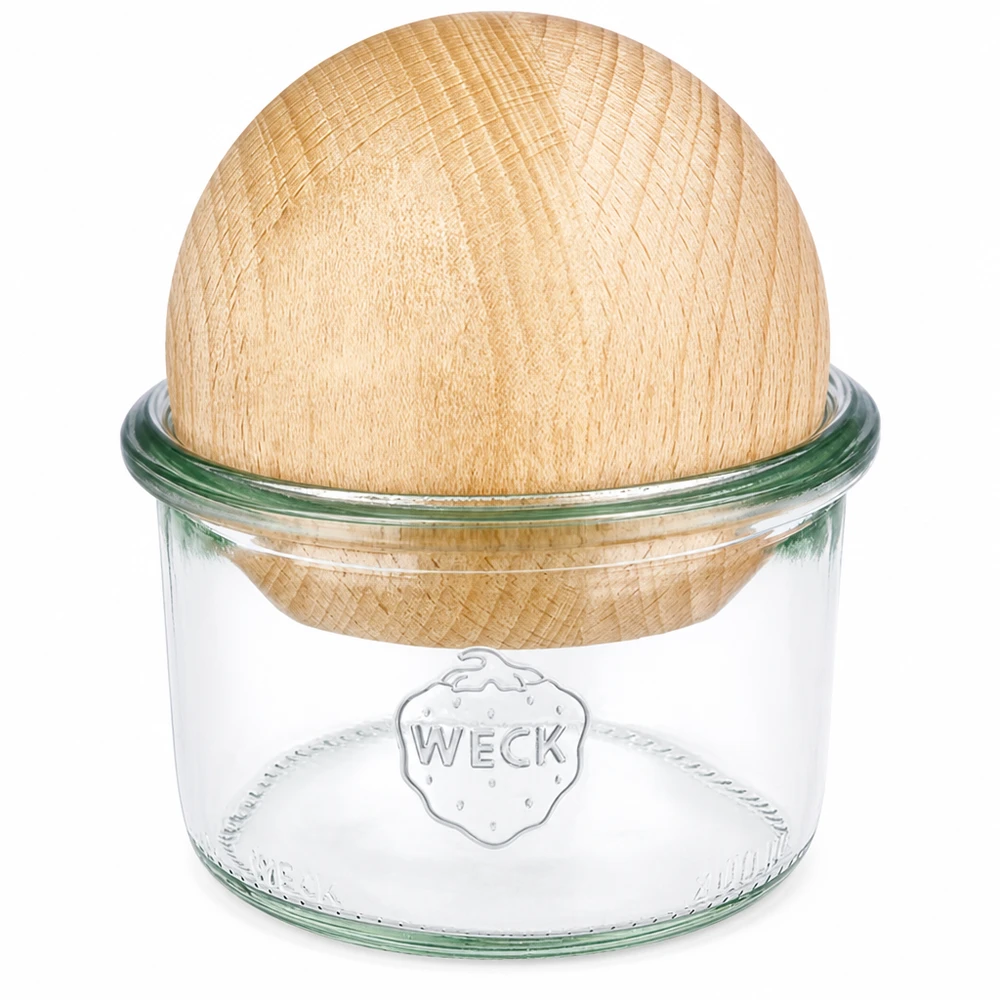 Kubek WECK 200ml RR80 z drewnianą pokrywką z drewna bukowego, przezroczyste szkło z logo WECK, trwały słoik do przechowywania