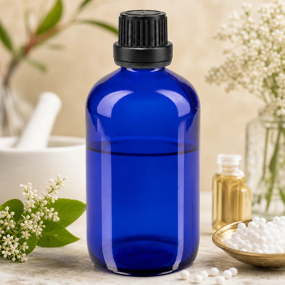 Butelka apteczna niebieska 100ml zakrętka czarna szczelna OV Niebieska szklana butelka o pojemności 100 ml z czarnym zakraplaczem, przedstawiająca moździerz i tłuczek