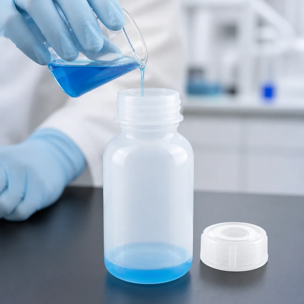 Butelka laboratoryjna 100 ml z szeroką szyjką i zakrętką Technik laboratoryjny przelewa niebieski płyn ze kolby Erlenmeyera do 100-mililitrowej butelki laboratoryjnej z szeroką szyjką
