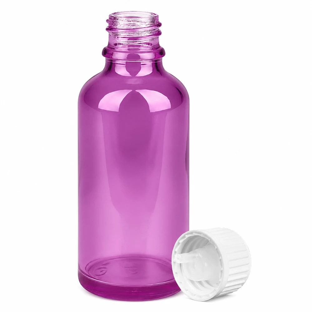 Butelka z zakraplaczem 50ml 0,9mm biała standard PurpleLine. UT18/50 Pusta szklana butelka 50 ml w kolorze fioletowym z zakraplaczem do olejków eterycznych i serum