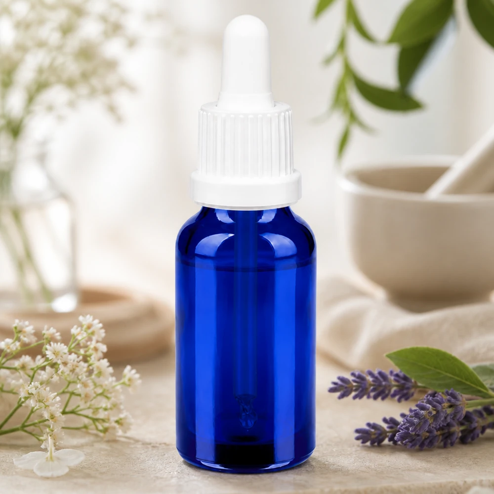 Butelka do leków płynnych 20 ml, biała OV BlueLine UT18/20 Wysokiej jakości szklana butelka o pojemności 20 ml z pipetą z zakraplaczem w intensywnie niebieskim kolorze do bezpiecznego przechowywania