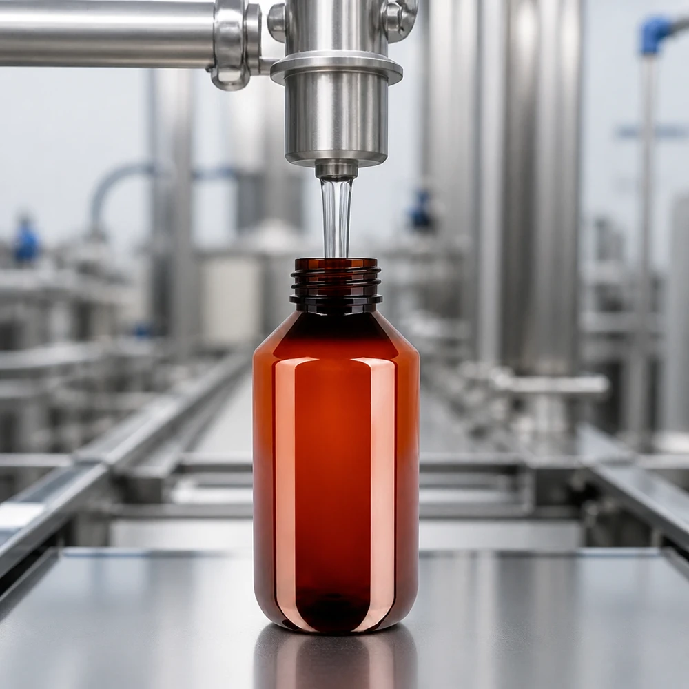 Butelka PET 200 ml z białą nakrętką typu flip-top. Linia rozlewnicza napełnia butelki PET o pojemności 200 ml w kolorze bursztynowo-brązowym na linii produkcyjnej ze stali nierdzewnej