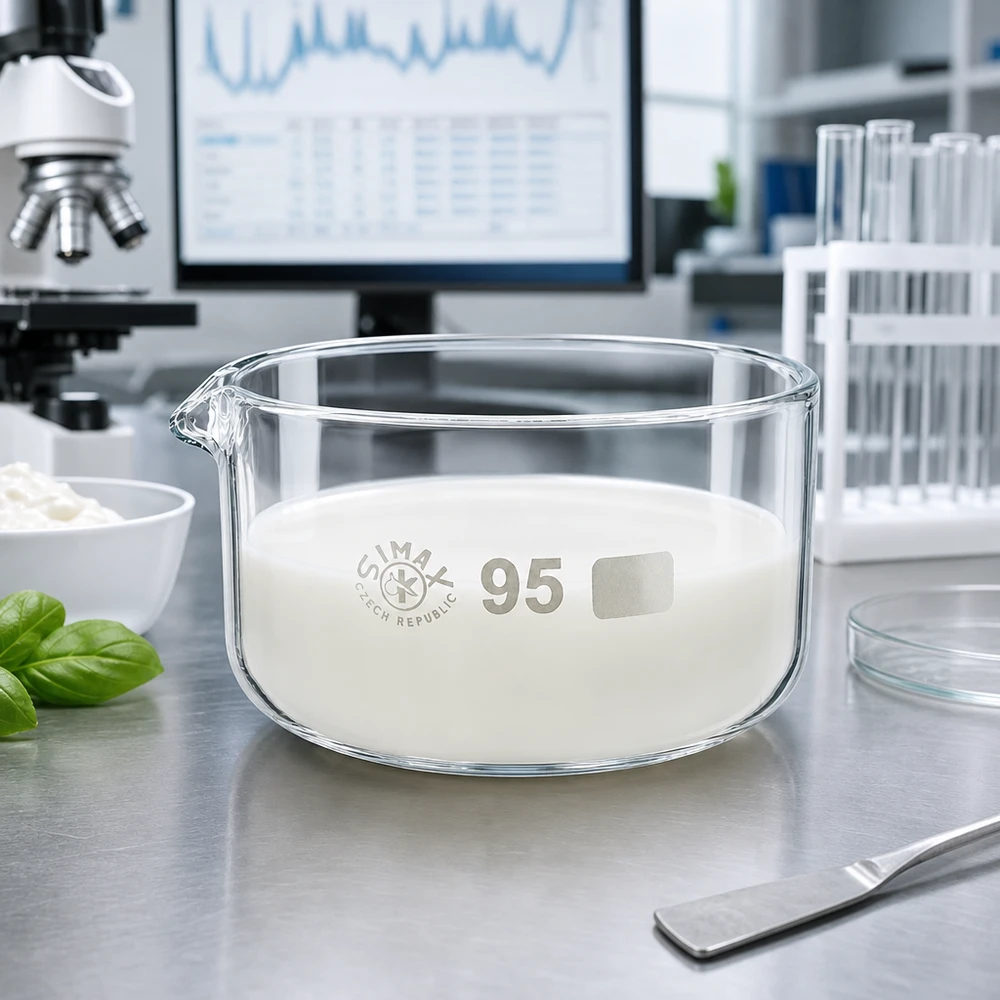 Miska do krystalizacji o pojemności 300 ml z białą substancją, laboratoryjna, ze szkła borokrzemowego SIMAX, ø95 mm, Czechy