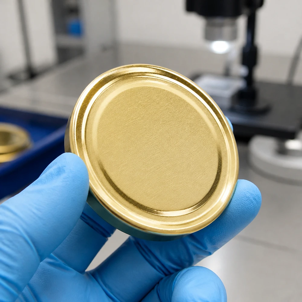 Badanie laboratoryjne złotej pokrywki BasicSeal TO100 100 mm UniTwist z niebieską rękawiczką jednorazową