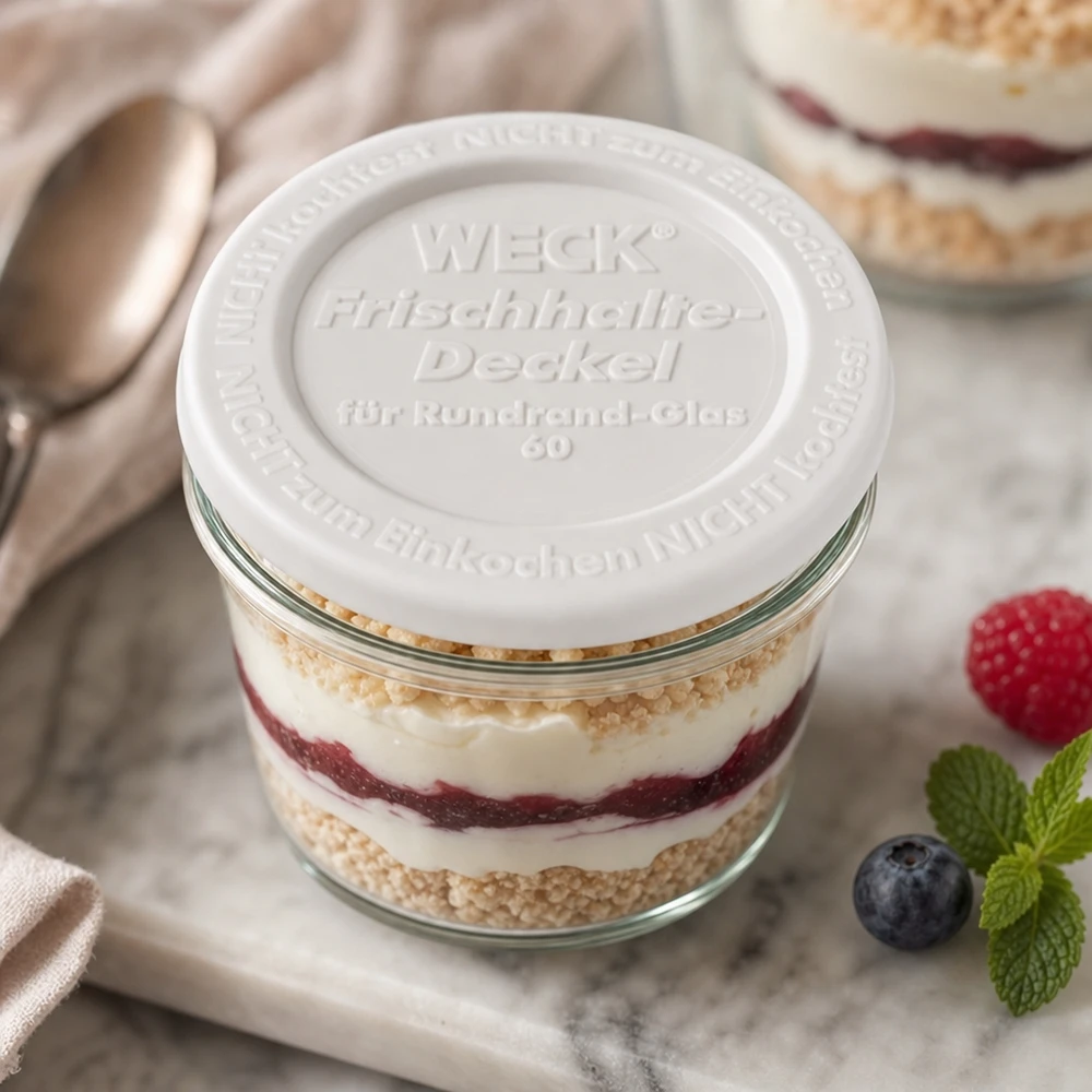 WECK/REX pokrywa utrzymująca świeżość RR60 WECK Frischhaltedeckel RR60 Dessertglas Schichtdessert Tiramisu Beeren Mint dekorative Präsentation Küchenstil