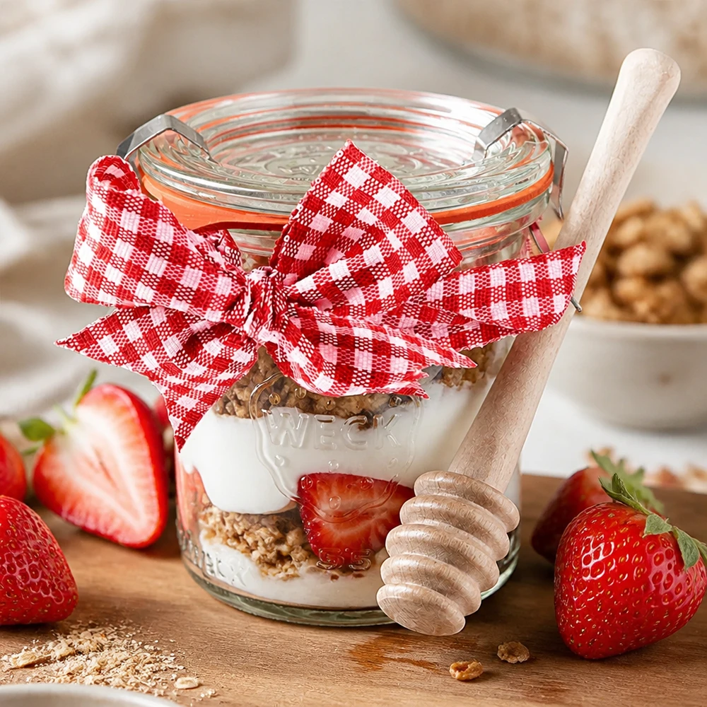 WECK mini słoik 140ml jogurt musli truskawki warstwowy deser łyżka miodu drewno Vichy kokardka czerwony biały