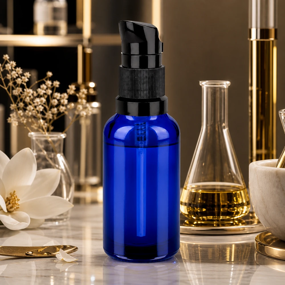Butelka z pompką 30 ml czarna STD BlueLine UT18/30 Wysokiej jakości butelka z pompką o pojemności 30 ml z matową czarną pompką zapewnia luksusowe opakowanie serum