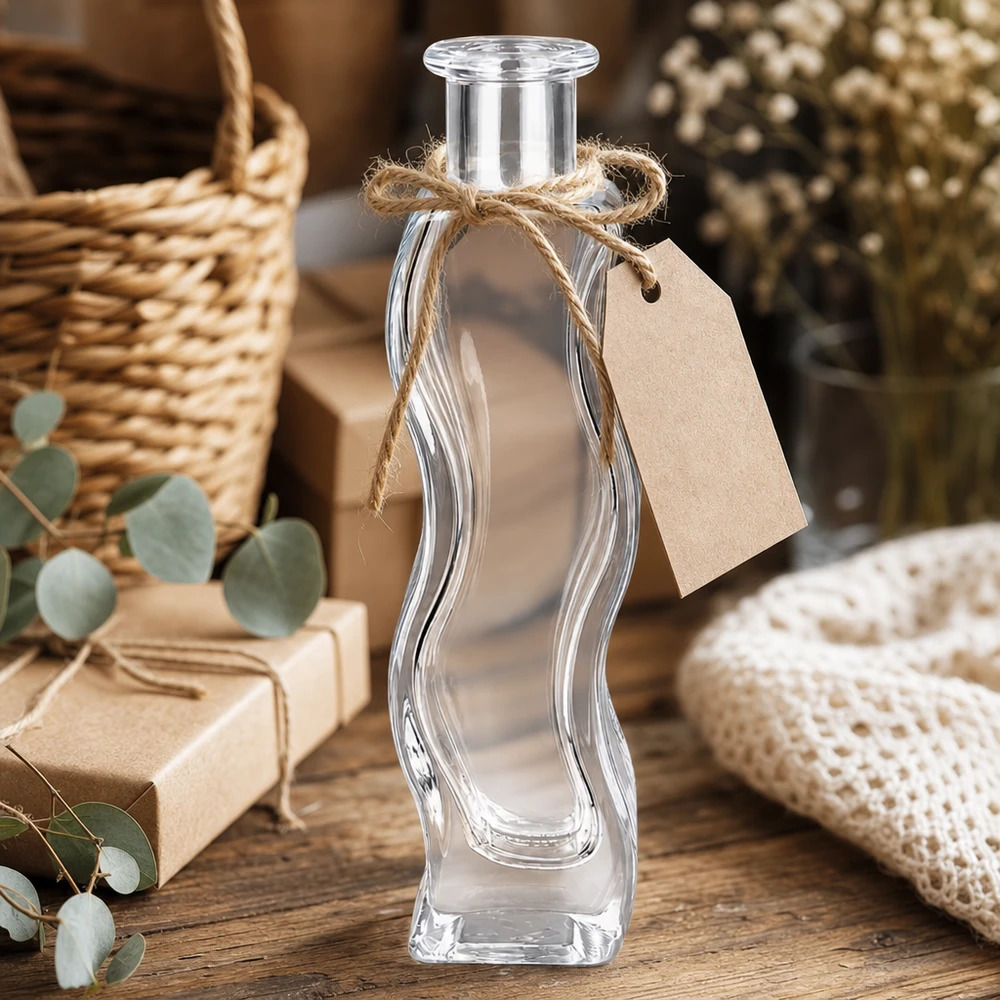 Szklana butelka Melissa 100 ml bez zamknięcia UNiTWIST® Szklana butelka Melissa o pojemności 100 ml z zawieszką z papieru pakowego i jutowym sznurkiem ozdobiona eukaliptusem w rustykalnym stylu.
