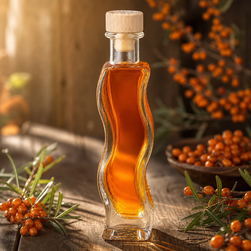 Szklana butelka Melissa 100ml wypełniona olejem z rokitnika między gałązkami rokitnika naturalna dekoracja drewniany korek