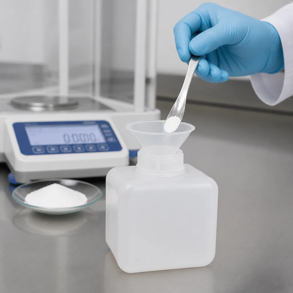 Butelka na chemikalia 500 ml, wąska szyjka z PE-HD, kolor naturalny Butelka na chemikalia o pojemności 500 ml, z polietylenu HD, z wąską szyjką, w kolorze naturalnym, z lejkiem do napełniania białym proszkiem
