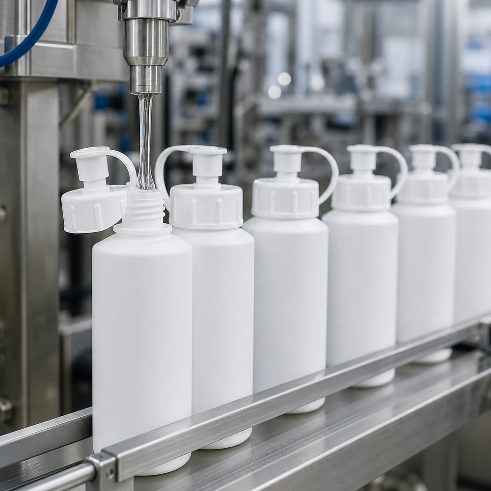 Butelka apteczna HDPE 30 ml, nasadka strzykawki m.w. Automatyczna linia rozlewnicza napełnia białe butelki apteczne z HDPE o pojemności 30 ml z zakrętką z dyszą