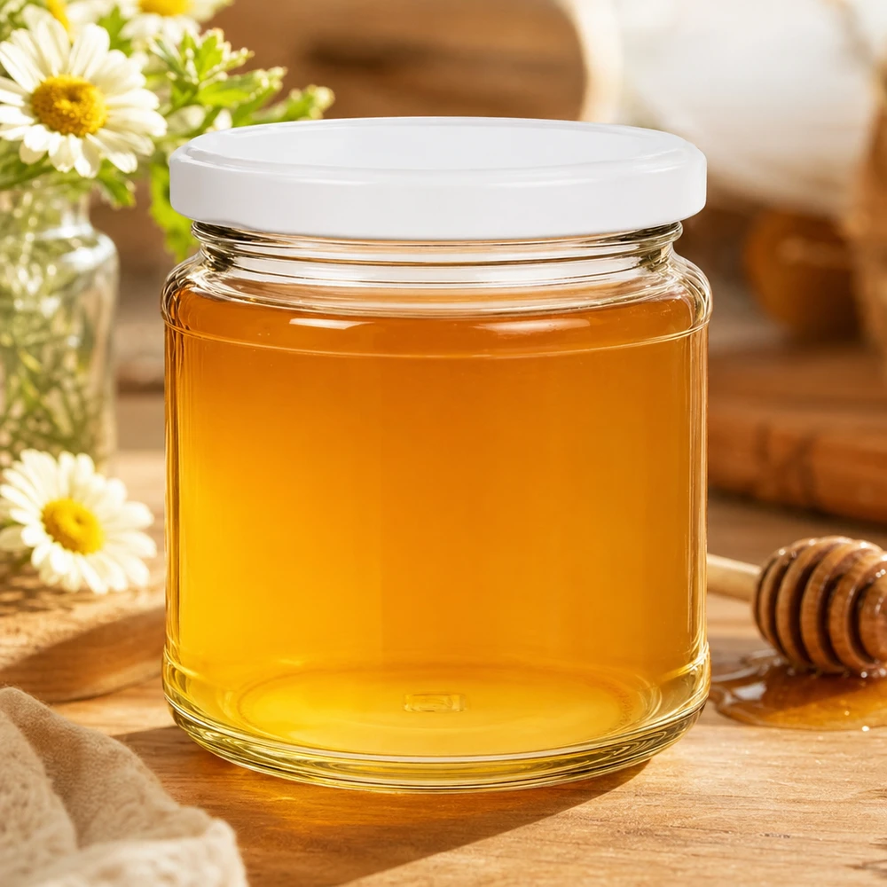 Okrągły słoik o pojemności 212 ml z pokrywką BasicSeal wypełniony złotym miodem obok łyżki miodu i kwiatów na drewnianym tle