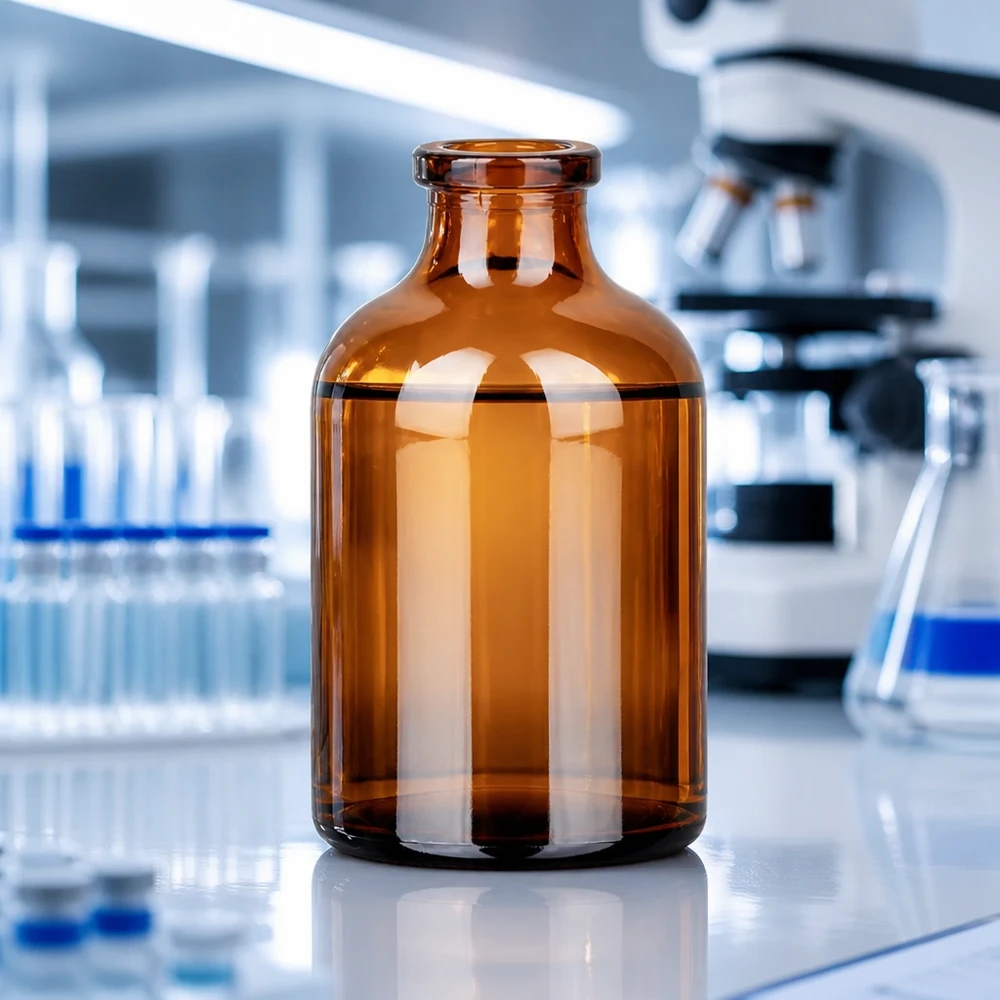 Butelka iniekcyjna z bursztynowego szkła 50 ml Sterile Braunglas Injektionsflasche 50ml mit zylindrischem Körper und eingezogenem Hals