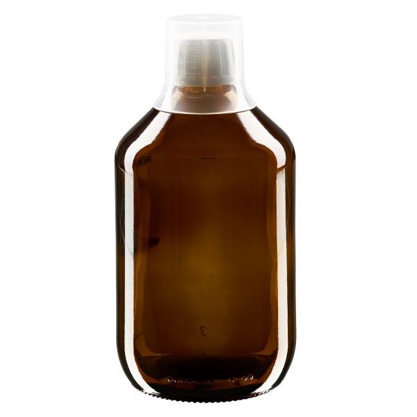 Butelka na lek 500 ml br&#261;zowa, zakr&#281;tka OV z kubkiem dozuj&#261;cym 30 ml ApoGlas. Farmaceutyczna jako&#347;&#263; produkcji UE. Gwint 28 mm (PP28). (syrop, butelka z lekkiego szk&#322;a)