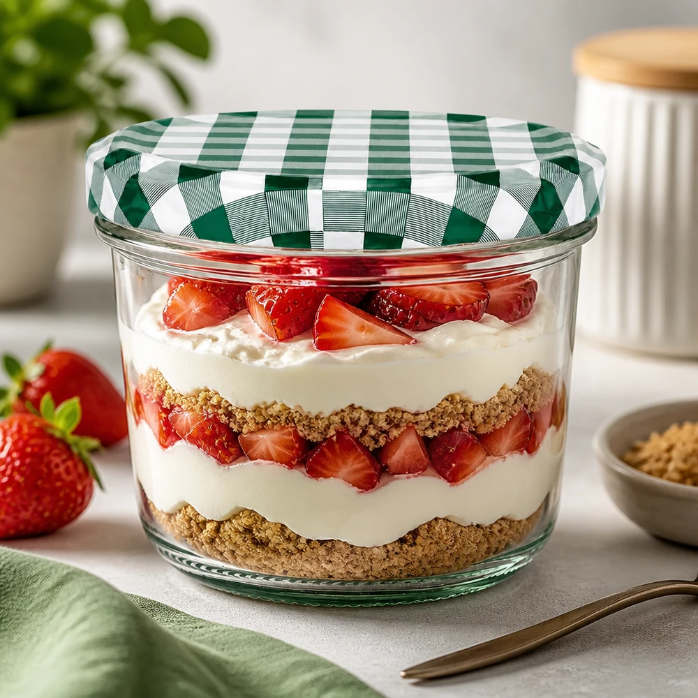 230ml słoik na deser truskawkowy trifle deser warstwowy BasicSeal pokrywka zielono-biała kratka kuchnia deserowa