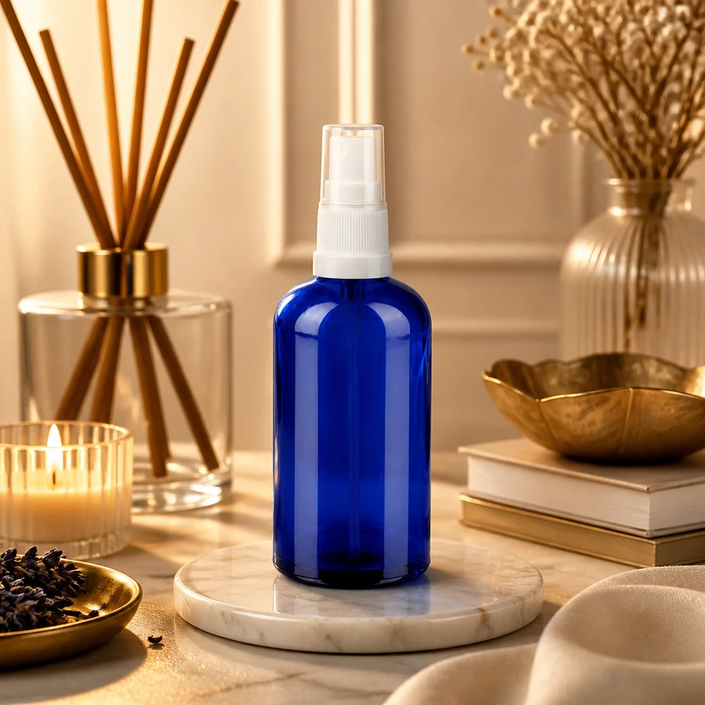 Szklana butelka 100 ml z pompką rozpylającą w eleganckim niebieskim kolorze do wysokiej jakości produktów kosmetycznych
