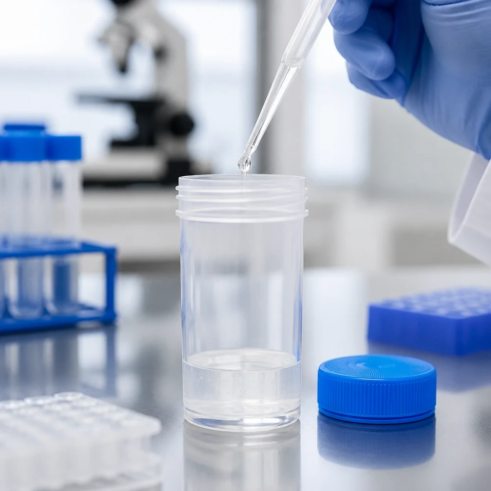 Uniwersalny plastikowy słoik (naczynie) 50 ml Laborant pipetuje płyn do sterylnego słoika o szerokiej szyjce o pojemności 50 ml z niebieską pokrywką