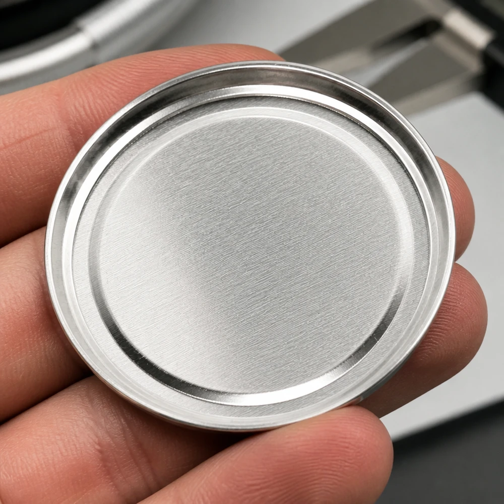 Zbliżenie na szczotkowaną powierzchnię ze stali nierdzewnej srebrnej pokrywki TO66 UNiTWIST BasicSeal o średnicy 66 mm
