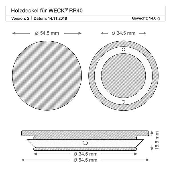Drewniana pokrywka w wersji "A" do WECK RR40. Idealna do słoików i butelek WECK z okrągłym rantem 40 mm (RR40). Odporna na ciepło i zimno, można myć w zmywarce. Rysunek techniczny drewnianej pokrywy WECK RR40 o wymiarach średnica 54,5mm i 34,5mm wysokość 5mm waga 14g