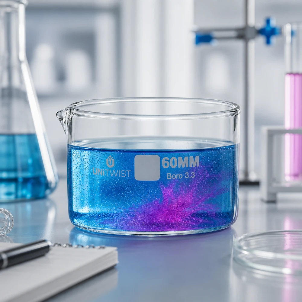 Miska krystalizacyjna 60 mm UNiTWIST z niebiesko-fioletową reakcją barwną w profesjonalnym środowisku laboratoryjnym