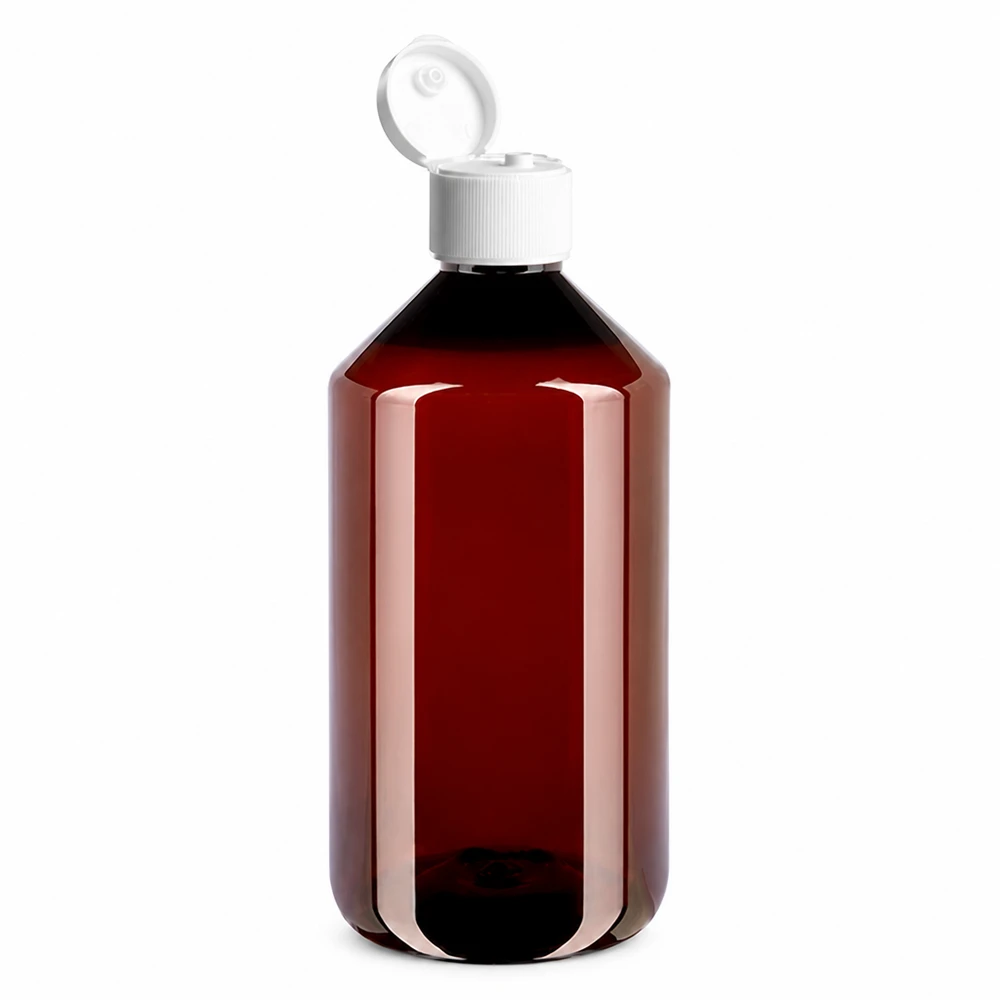 Butelka PET 750 ml z białym zamknięciem typu flip-top. Brązowa butelka PET o pojemności 750 ml z białym zamknięciem na zatrzask, wykonana z lekkiego tworzywa sztucznego