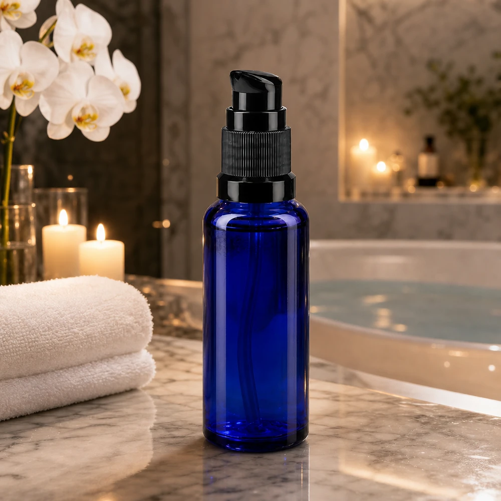Kobaltowo-niebieska butelka z pompką ApoGlas o pojemności 30 ml z czarnym dozownikiem w eleganckiej łazience wellness