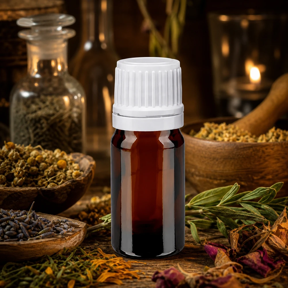 Zestaw do aromaterapii z ziołami leczniczymi, zawierający brązową buteleczkę aptekarską o pojemności 5 ml z białą zakrętką oraz zioła