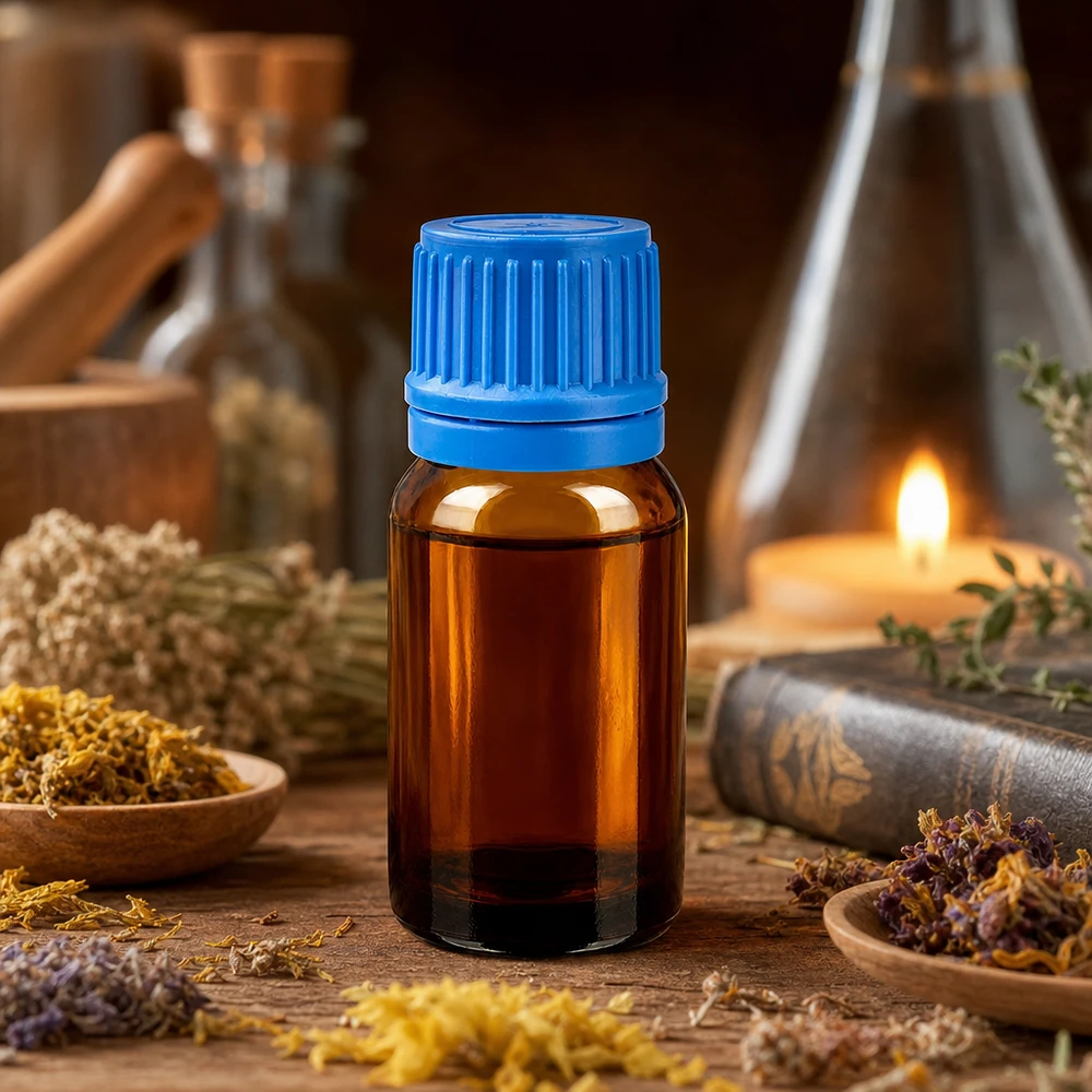 10 ml szklana butelka BrownLine z gwintem UT18/10 i niebieską nakrętką do użytku profesjonalnego
