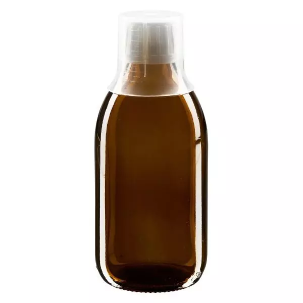 Butelka na lek 250 ml brązowa, zakrętka OV z kubkiem dozującym 30 ml ApoGlas. Farmaceutyczna jakość produkcji UE. Gwint 28 mm (PP28). (syrop, butelka z lekkiego szkła) Butelka na lek 250 ml brązowa, zakrętka OV z kubkiem dozującym 30 ml ApoGlas. Farmaceutyczna jakość produkcji UE. Gwint 28 mm (PP28). (syrop, butelka z lekkiego szkła)