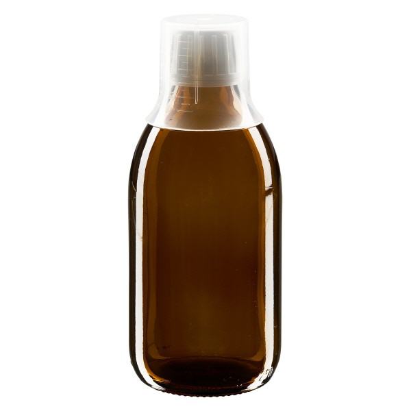 Butelka na lek 250 ml brązowa, zakrętka OV z kubkiem dozującym 30 ml ApoGlas. Farmaceutyczna jakość produkcji UE. Gwint 28 mm (PP28). (syrop, butelka z lekkiego szkła) Butelka na lek 250 ml brązowa, zakrętka OV z kubkiem dozującym 30 ml ApoGlas. Farmaceutyczna jakość produkcji UE. Gwint 28 mm (PP28). (syrop, butelka z lekkiego szkła)