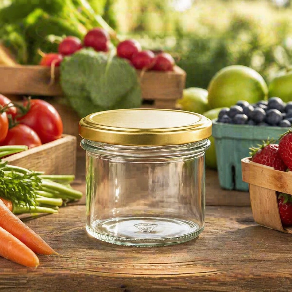 Słoik z pokrywką BasicSeal, złoty UNiTWIST 125ml Sturzglas mit goldenem Deckel zwischen frischem Obst und Gemüse - ideal für hausgemachte Marmelade