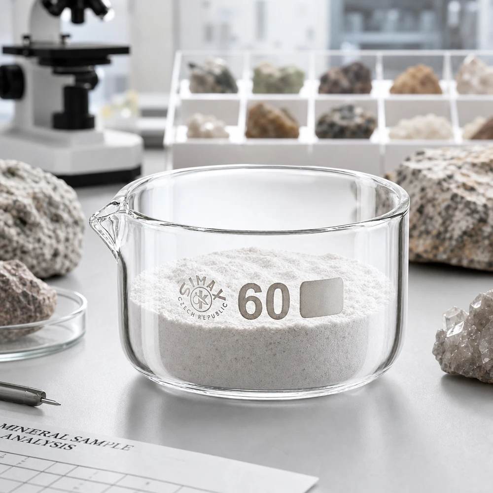Miska krystalizacyjna Simax 60 ml, biały proszek mineralny, analiza laboratoryjna, płaska miska szklana, szkło borokrzemowe