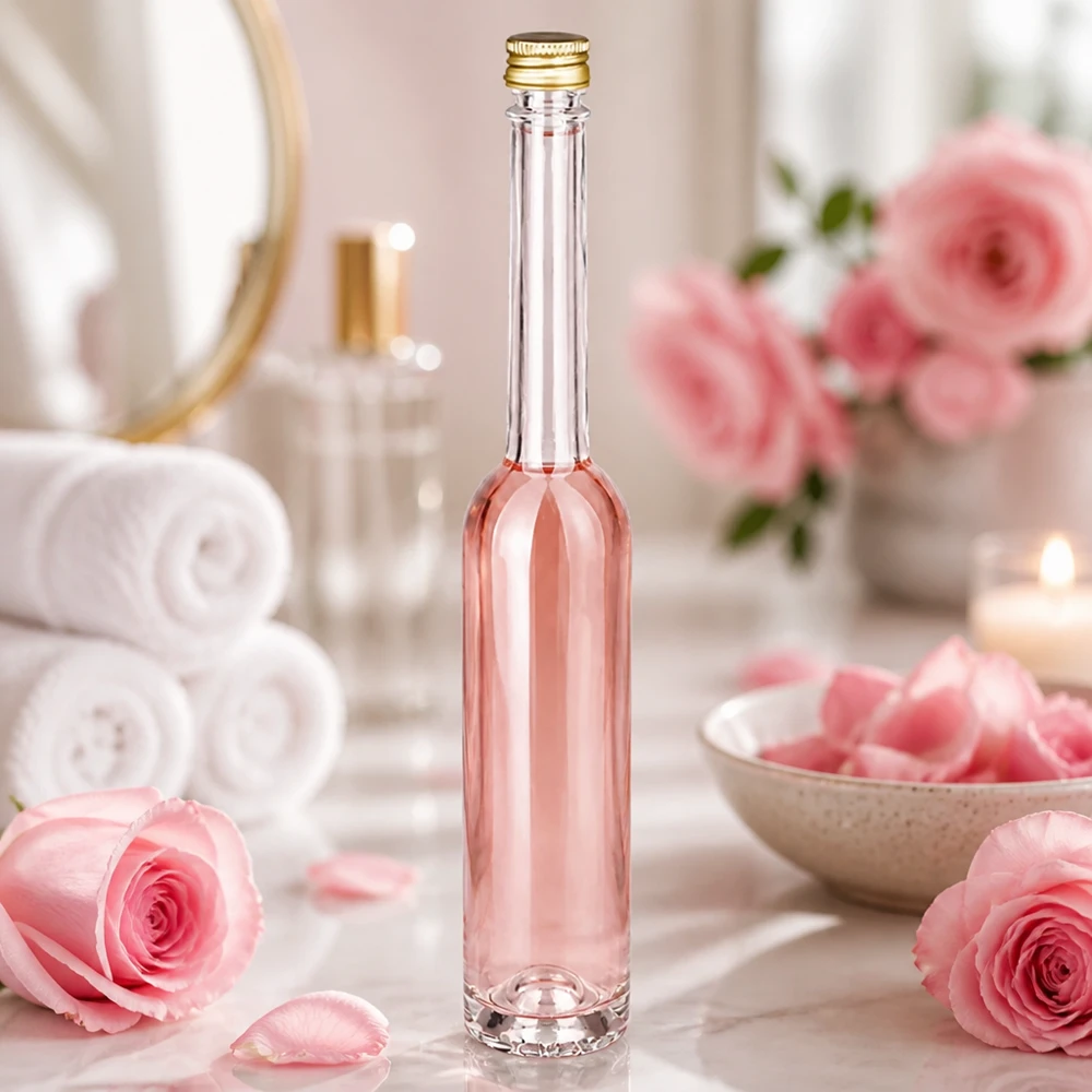 100 ml szklana butelka Toni z różowym płynem w atmosferze wellness spa - złota nakrętka UNiTWIST między różami